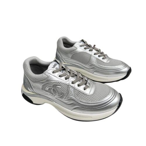 Chanel 23C Silver Metallic Cc Logo Lace Up Flat Runner Trainer Sneaker Gray