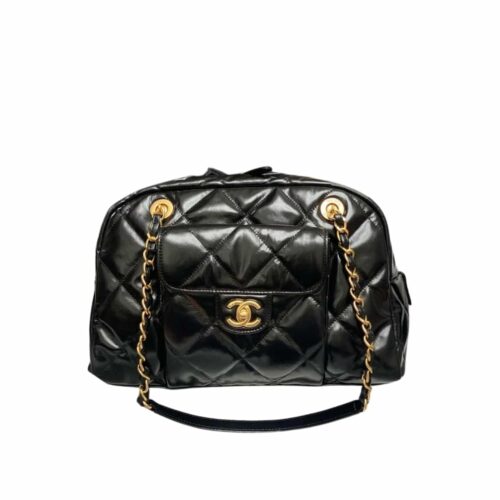 Chanel 24A Maxi Shiny Crumpled Leather Bowling Bag Black 34cm
