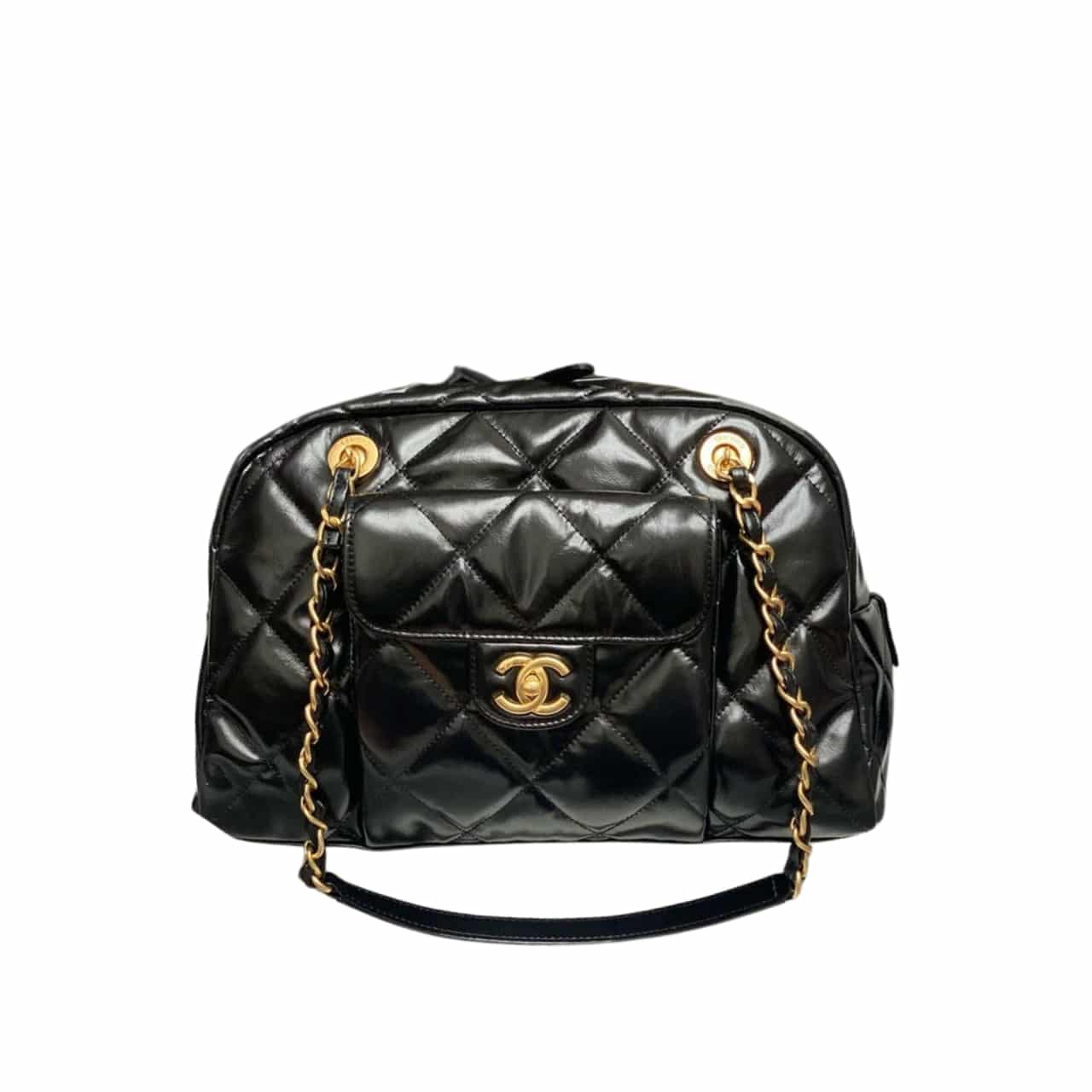 Chanel 24A Maxi Shiny Crumpled Leather Bowling Bag Black 34cm