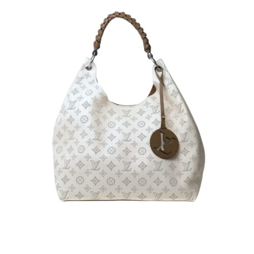 Louis Vuitton Carmel Mahina Leather Hobo Bag White Brown 40Cm M53188