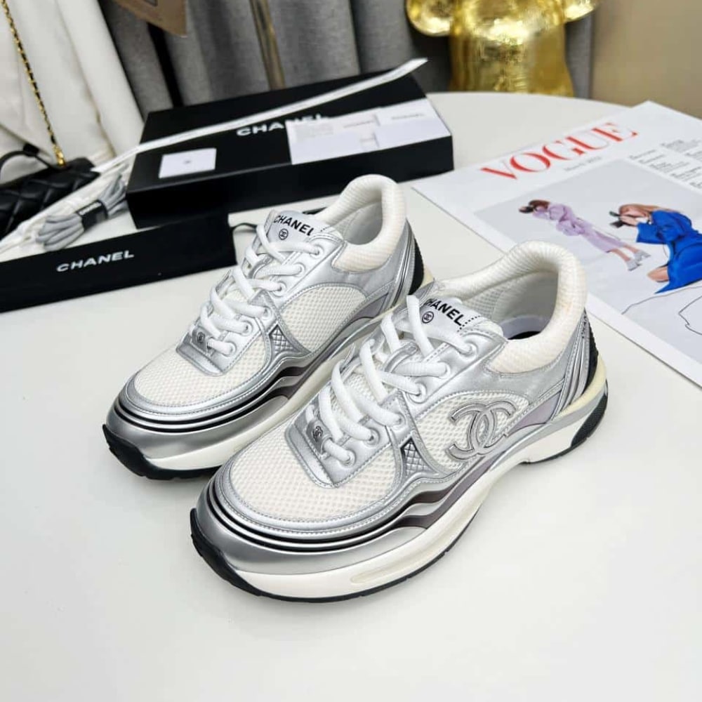 Chanel Sneaker Fabric And Laminated White And Silver G39792 Y56368 K5451 - Image 4