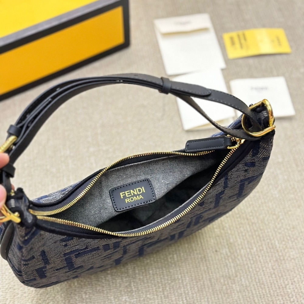 Fendi Fendigraphy Small FF Chenille Hobo Bag Dark Blue 30Cm 8BR798ASU0F1PQM - Image 4