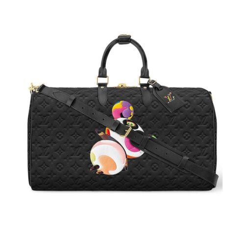 Louis Vuitton X Takashi Murakami Keepall Bandoulière 50 Grained Leather Shoulder Bag Black 50Cm