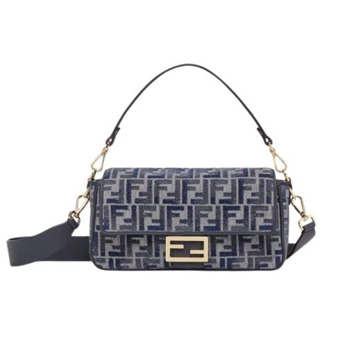 Fendi Baguette Medium FF Chenille Shoulder Bag Dark Blue 27Cm