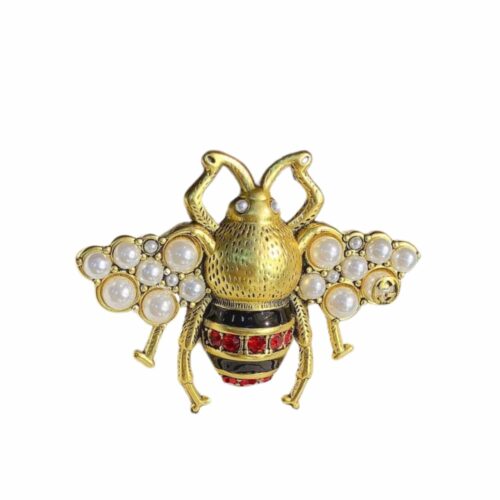 Gucci Bee Pearl Brooch Gold With Red And Black