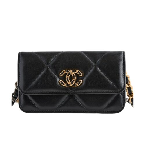 Chanel 19 Small Smooth Leather Wallet On Chain Black 19cm