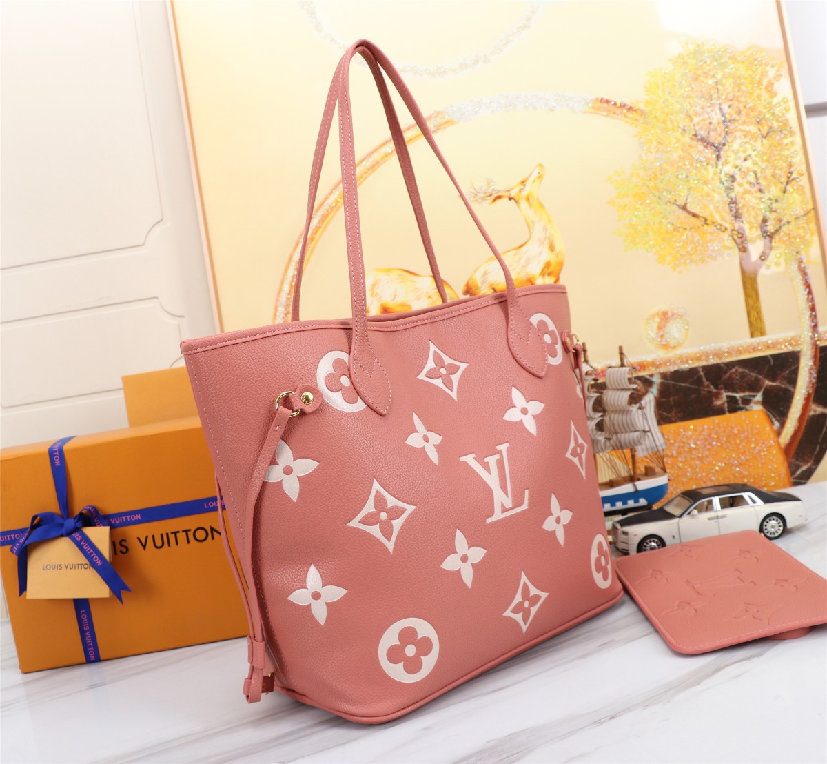 Louis Vuitton Neverfull MM Bicolor Monogram Empreinte Tote Bag Trianon Pink 31cm M46329 - Image 3