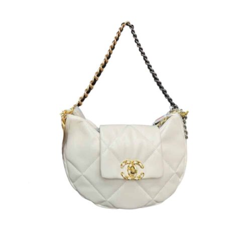Chanel 19 Large Smooth Leather Hobo Bags White 28cm