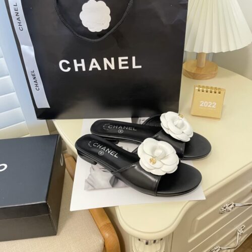 Alternative view of Chanel White Camellia Slides Black