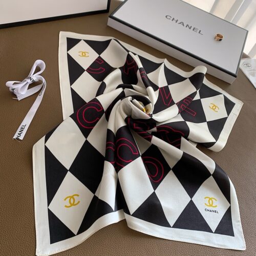 Alternative view of Chanel Argyle Coco Letters Square Scarf Silk Twill Black White 70cm
