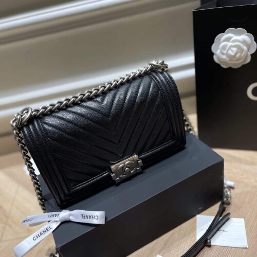 Alternative view of Chanel Boy Caviar Chevron Quilted Flap Bag Black 25Cm