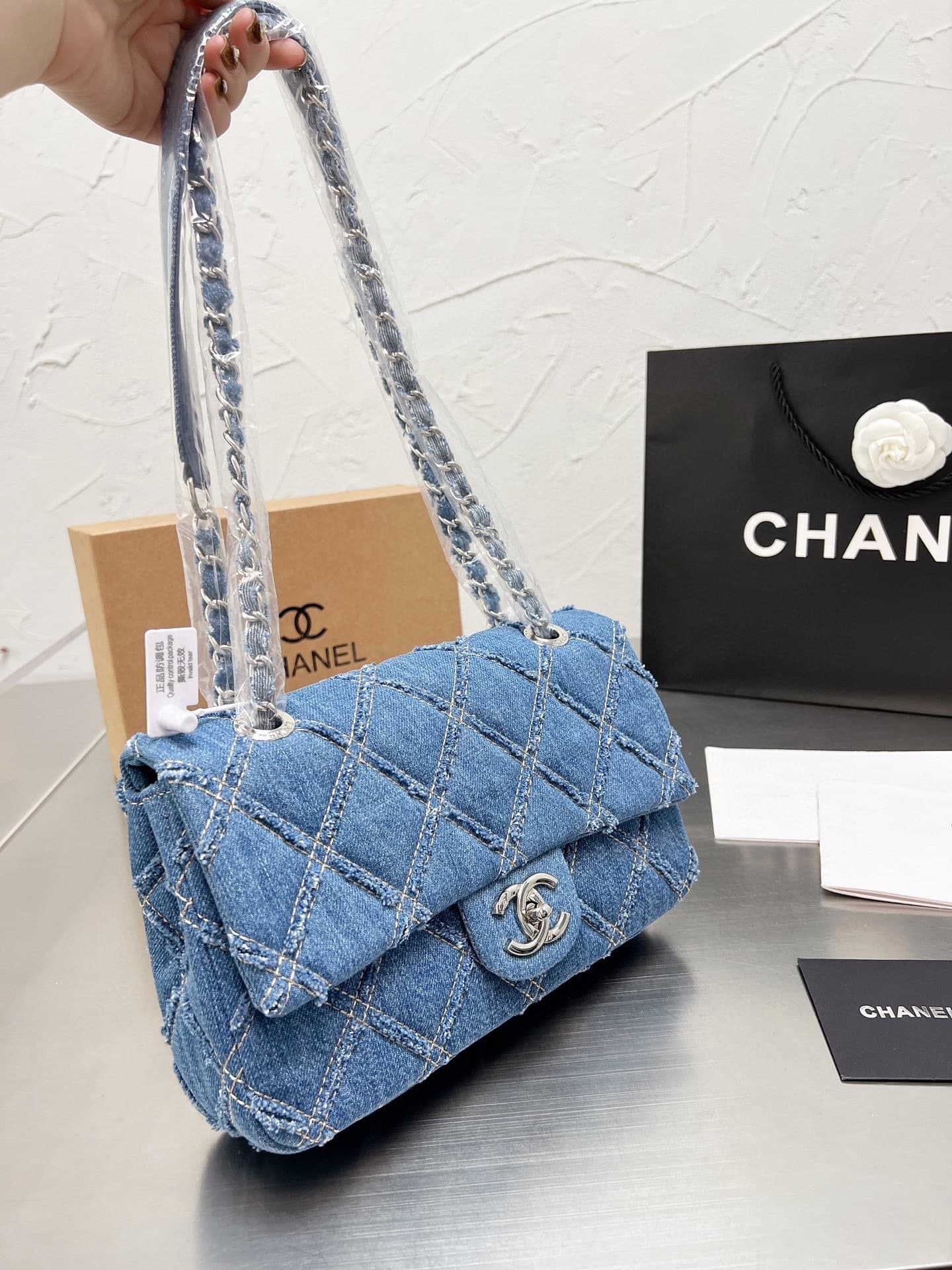 Chanel Classic Medium Distressed Denim Flap Bag Blue 25cm - Image 2