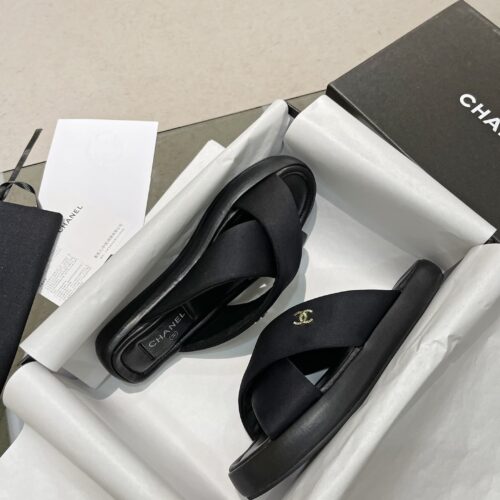 Alternative view of Chanel Criss Cross Slides Satin Smooth Leather Black