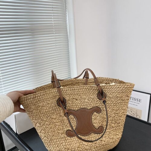 Alternative view of Celine Triomphe Panier In Raffia And Calfskin Tan 31Cm