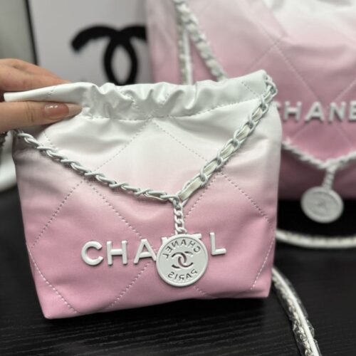 Alternative view of Chanel 22 Mini Gradient Smooth Leather Bucket Bag Pink White 20cm