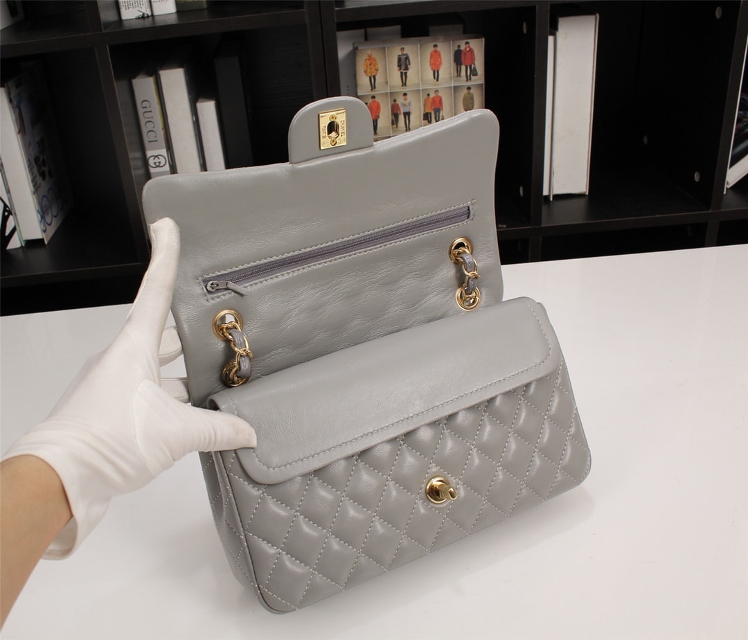 Chanel Classic Double Flap Bag Smooth Leather Flap Bag Gray 25cm - Image 5