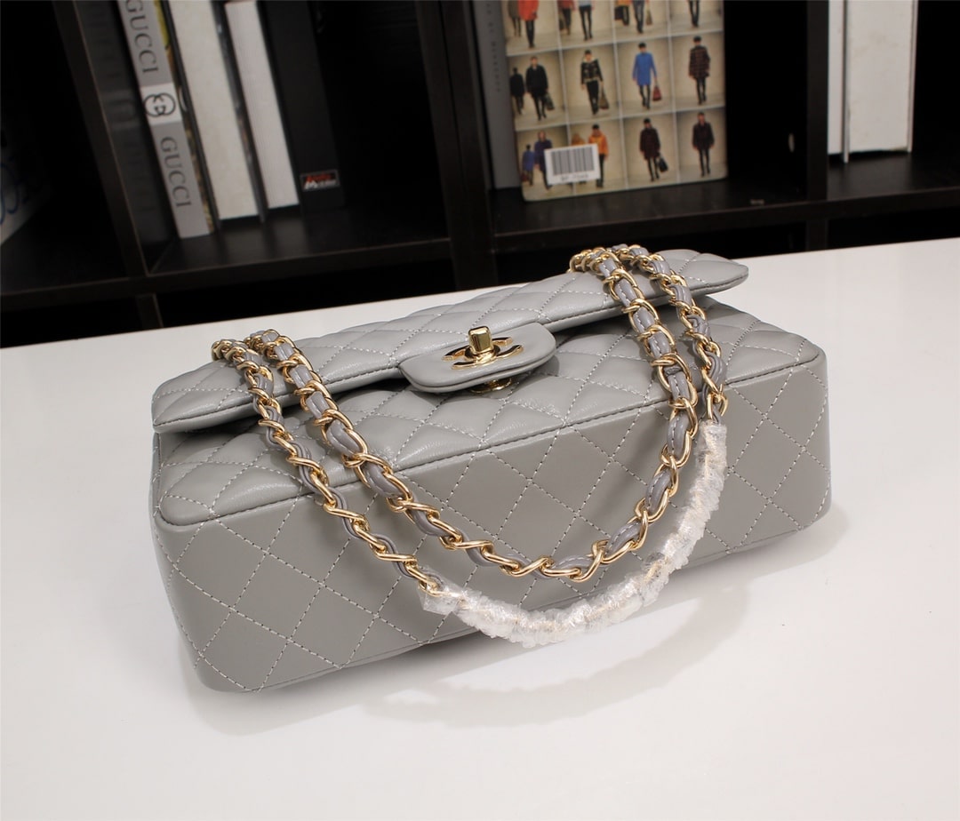 Chanel Classic Double Flap Bag Smooth Leather Flap Bag Gray 25cm - Image 9