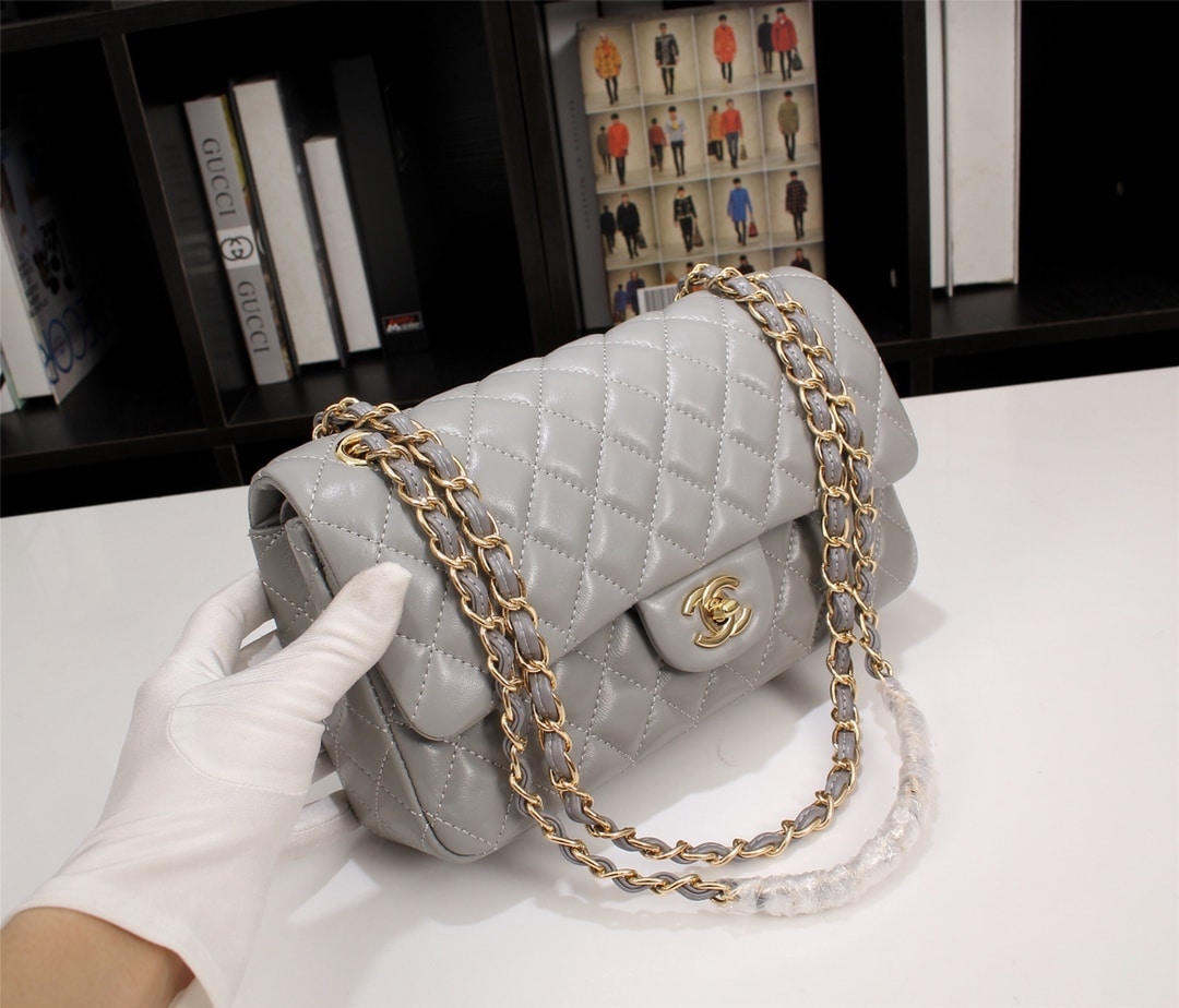Chanel Classic Double Flap Bag Smooth Leather Flap Bag Gray 25cm - Image 10