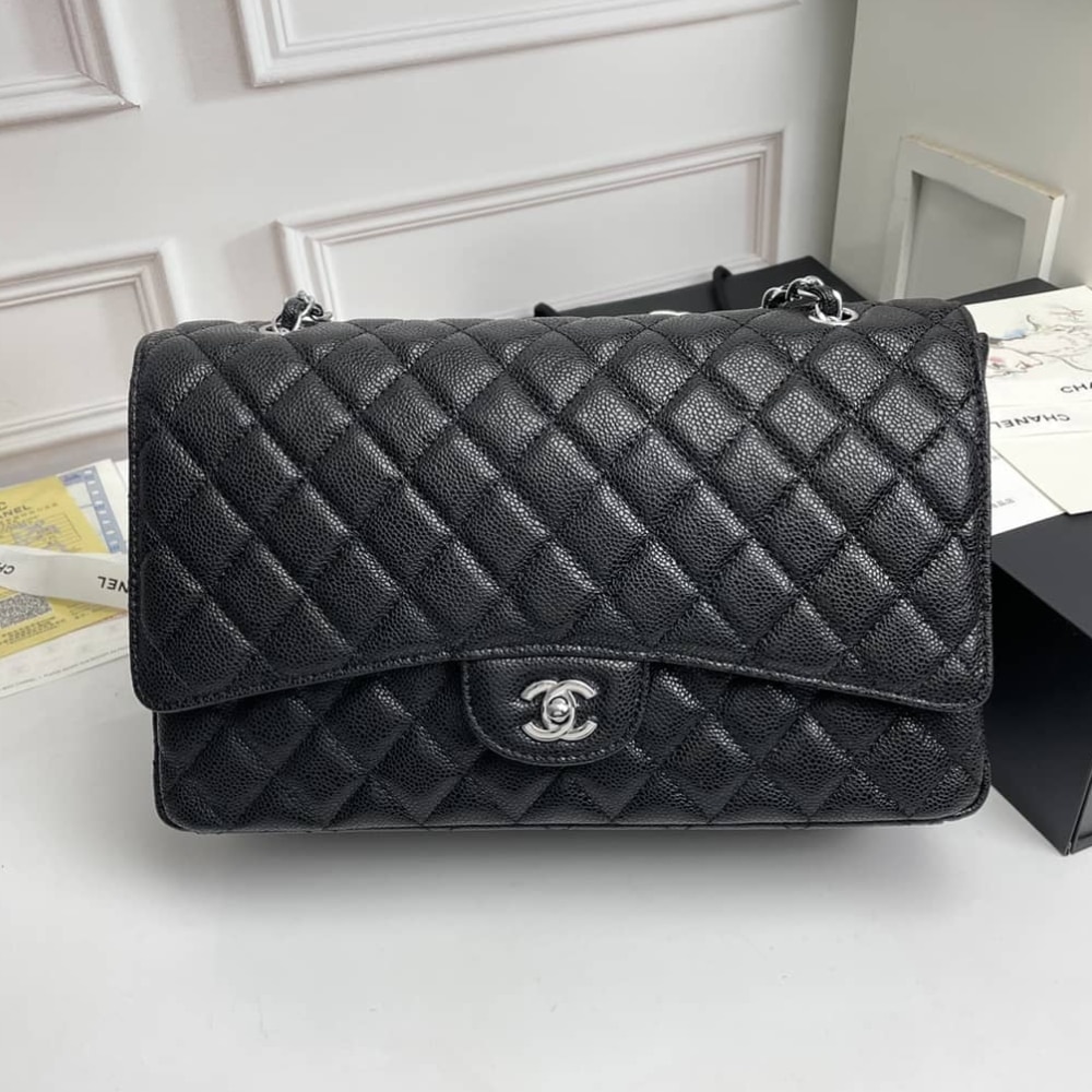 Chanel Classic Maxi Grained Leather Flap Bags Black 33cm - Image 2