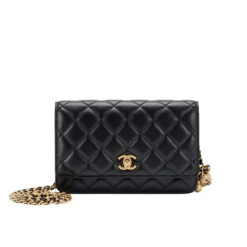 Chanel Pearl Crush Smooth Leather Wallet On Chain Black 19cm