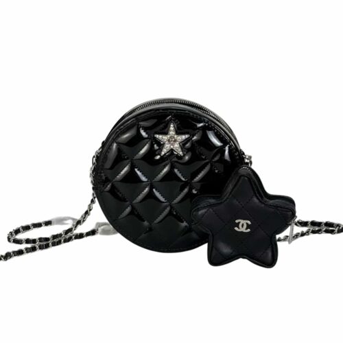 Chanel Round Mini Quilted Patent Leather Crossbody Bag Black 15cm