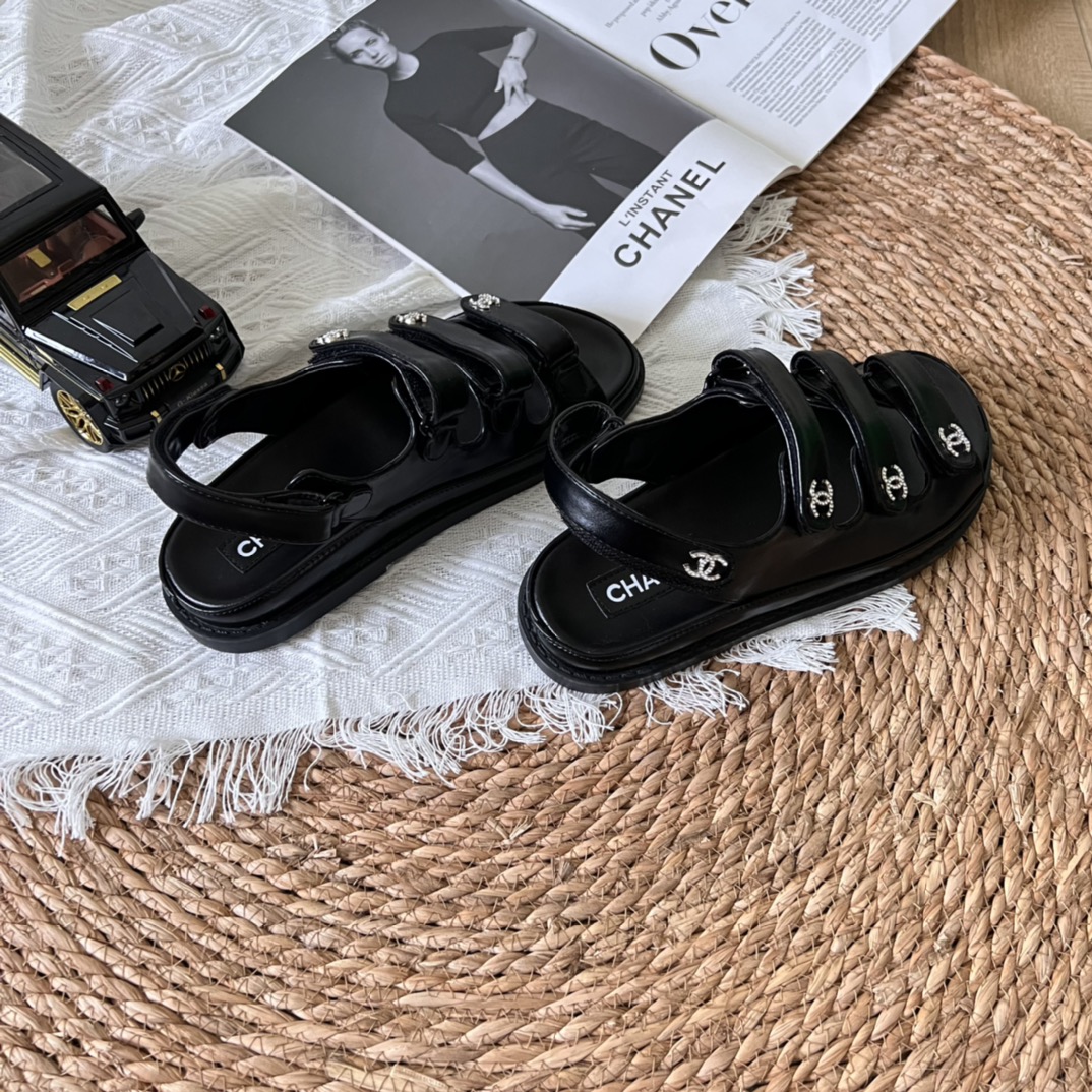 Chanel Triple Velcro Strap Sandals Smooth Leather Black G45628 B16403 94305 - Image 2