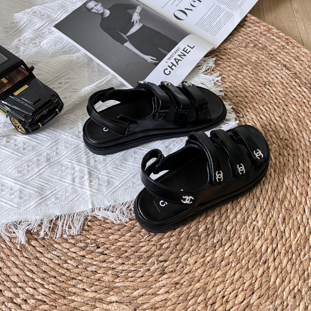 Chanel Triple Velcro Strap Sandals Smooth Leather Black G45628 B16403 94305 - Image 3