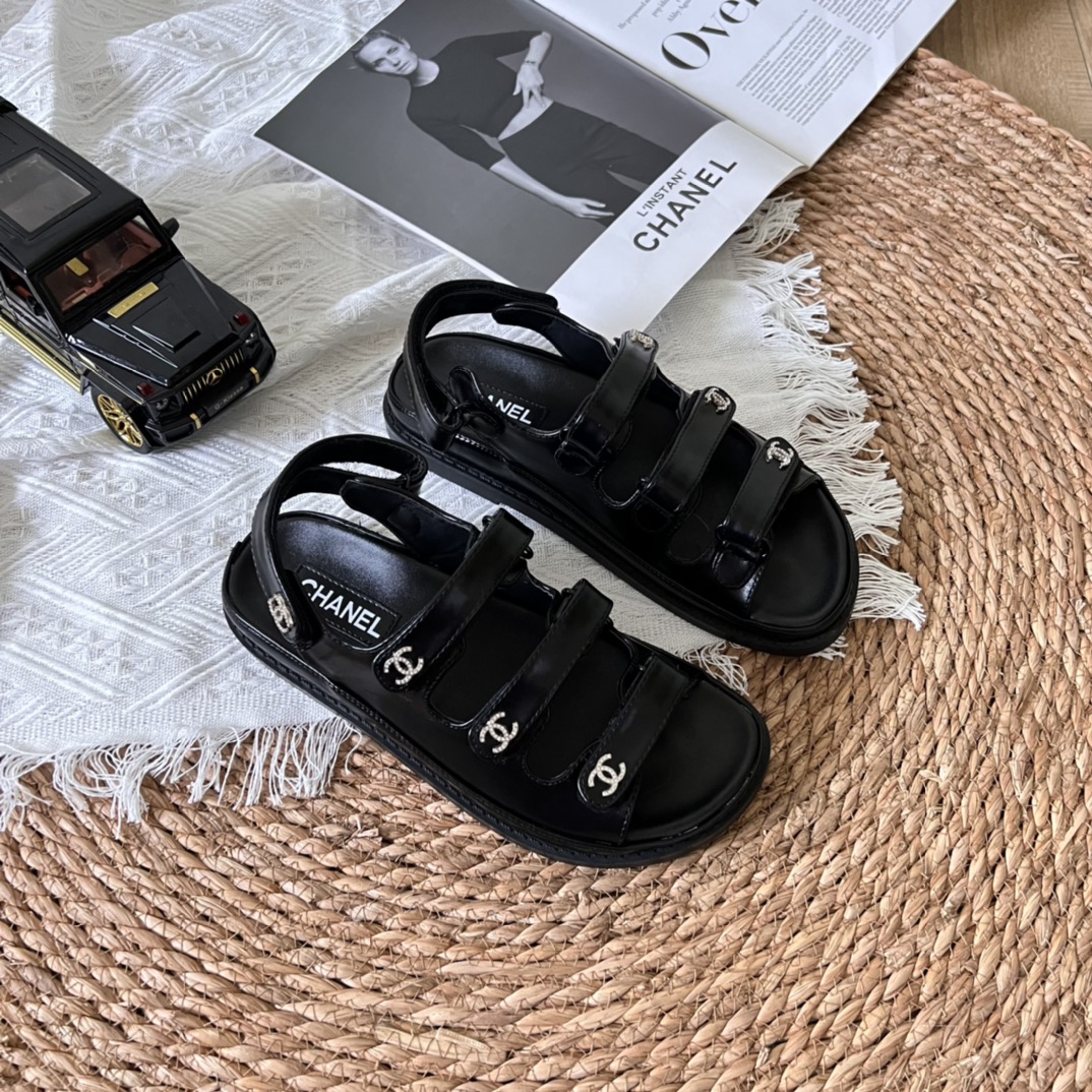 Chanel Triple Velcro Strap Sandals Smooth Leather Black G45628 B16403 94305 - Image 4