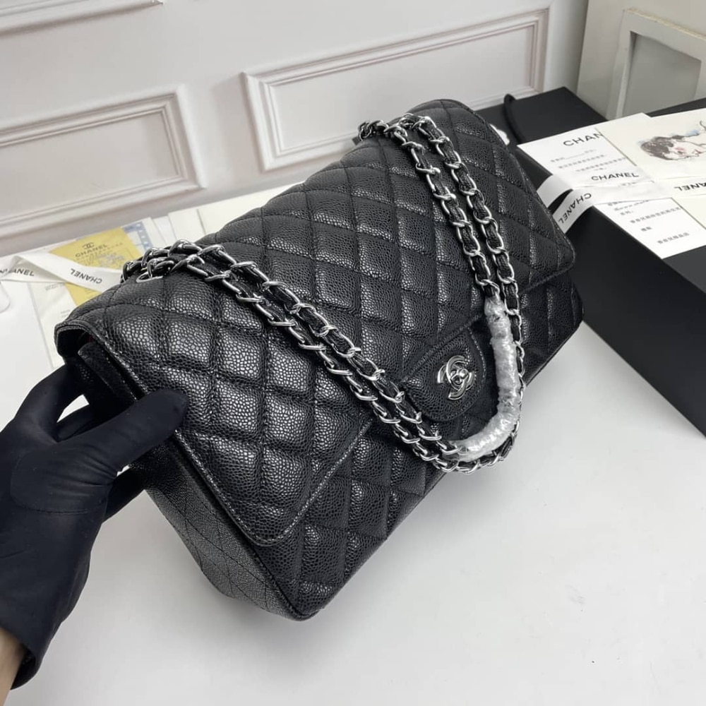 Chanel Classic Maxi Grained Leather Flap Bags Black 33cm - Image 6