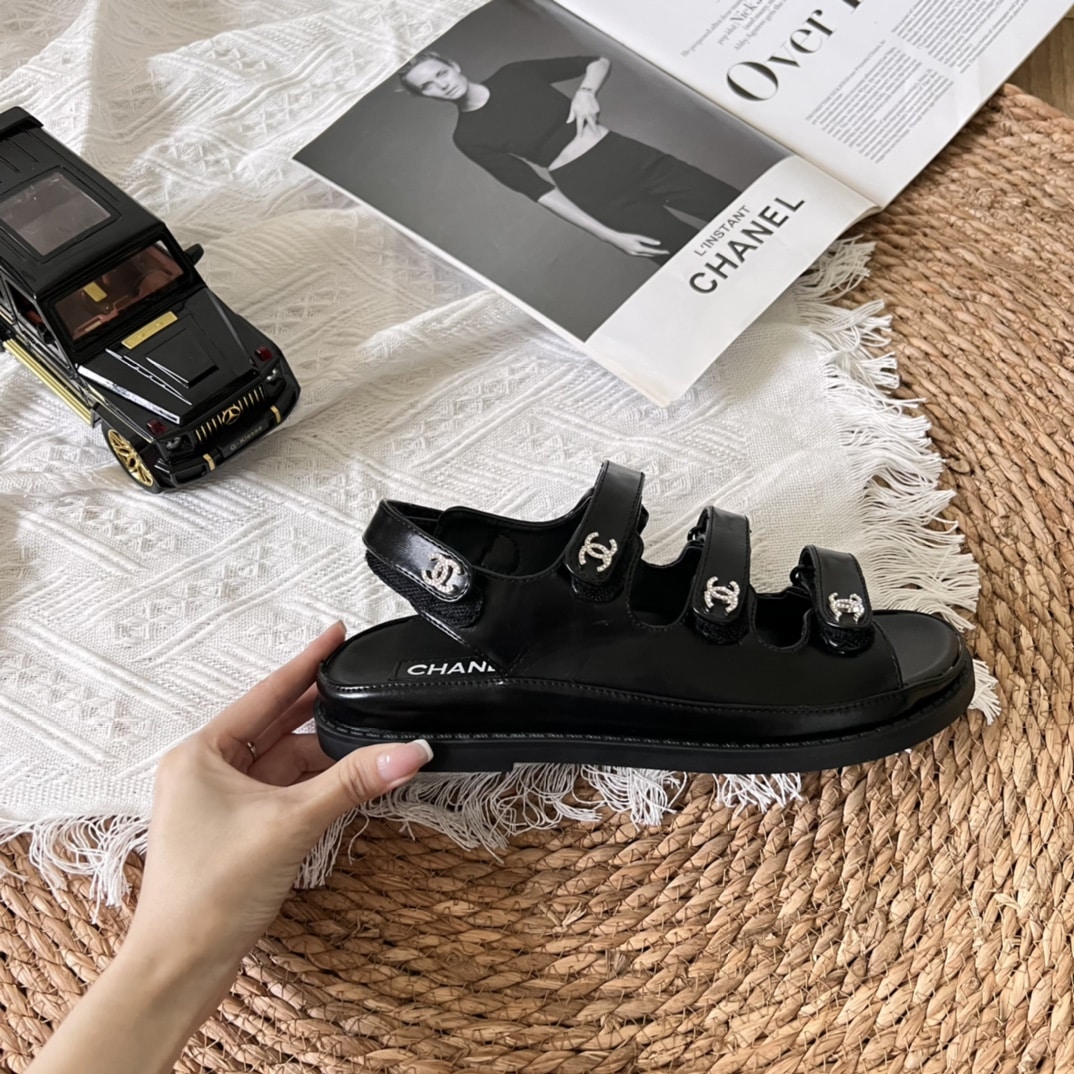 Chanel Triple Velcro Strap Sandals Smooth Leather Black G45628 B16403 94305 - Image 5