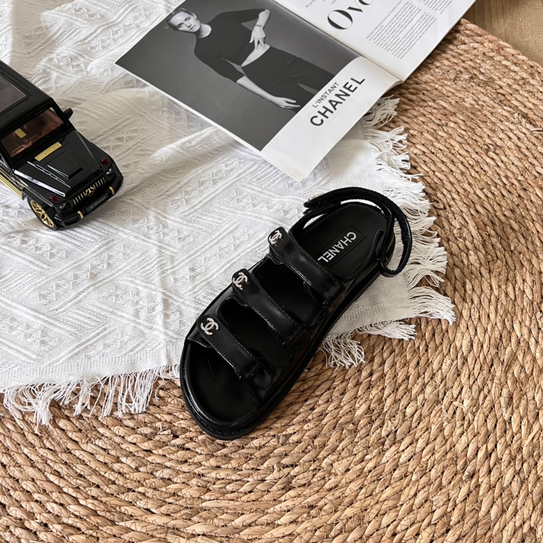 Chanel Triple Velcro Strap Sandals Smooth Leather Black G45628 B16403 94305 - Image 6
