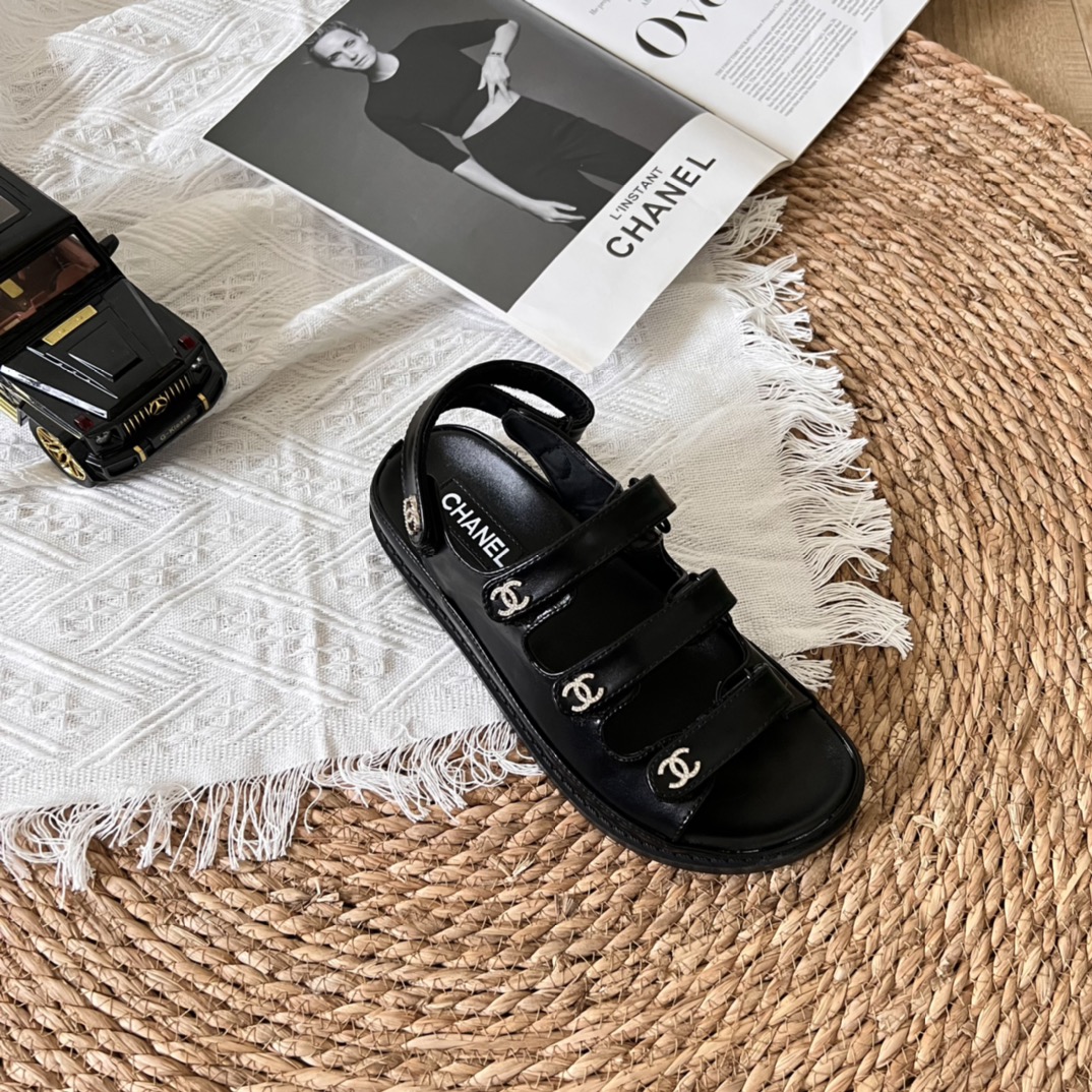 Chanel Triple Velcro Strap Sandals Smooth Leather Black G45628 B16403 94305 - Image 7