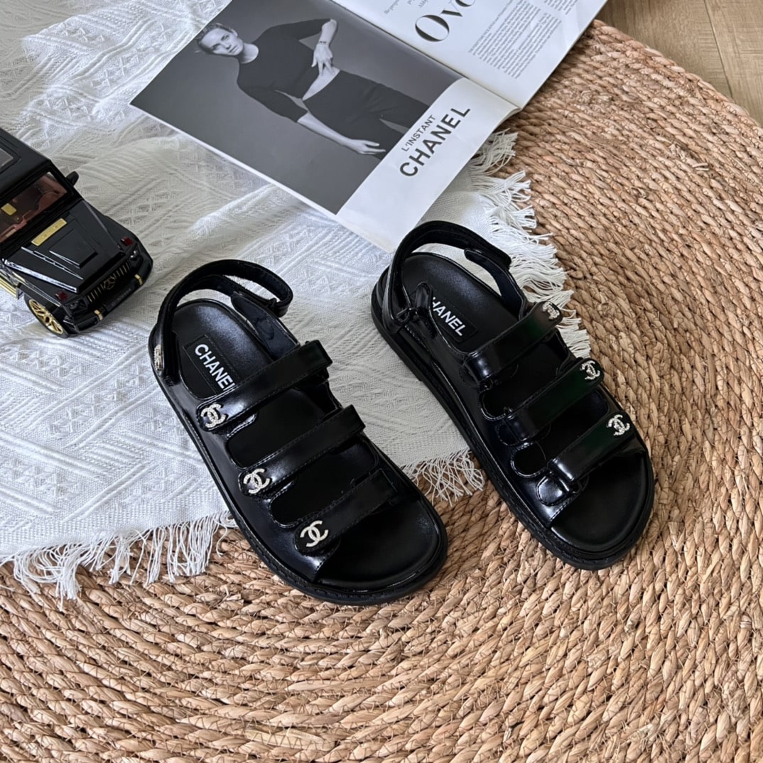 Chanel Triple Velcro Strap Sandals Smooth Leather Black G45628 B16403 94305 - Image 8