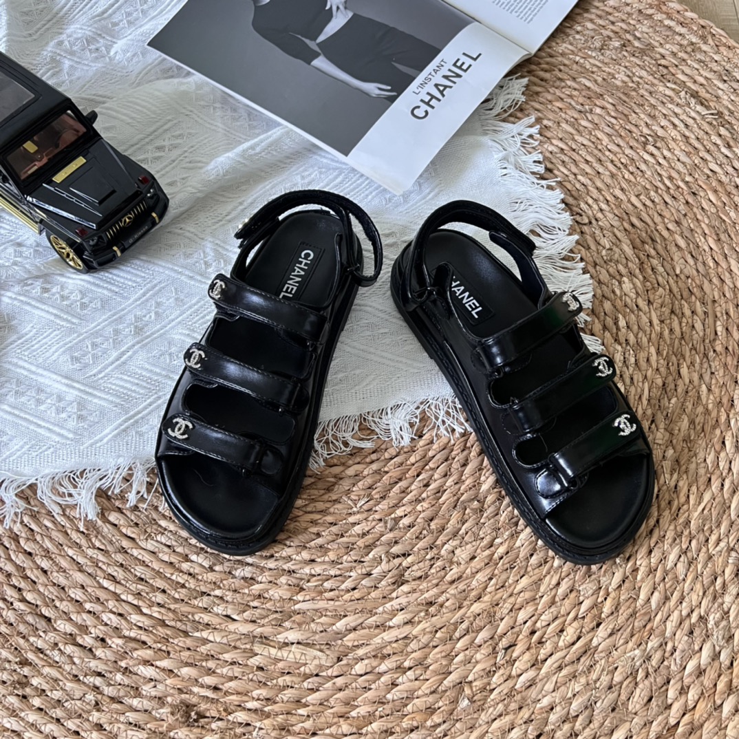 Chanel Triple Velcro Strap Sandals Smooth Leather Black G45628 B16403 94305 - Image 9