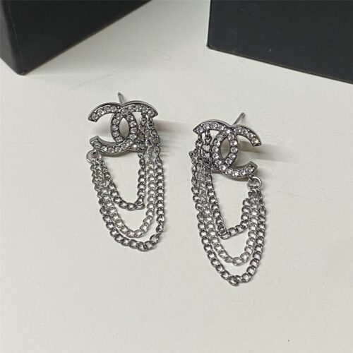 Alternative view of Chanel Stud Earrings With Crystal And Multi Chain In Silver Tone
