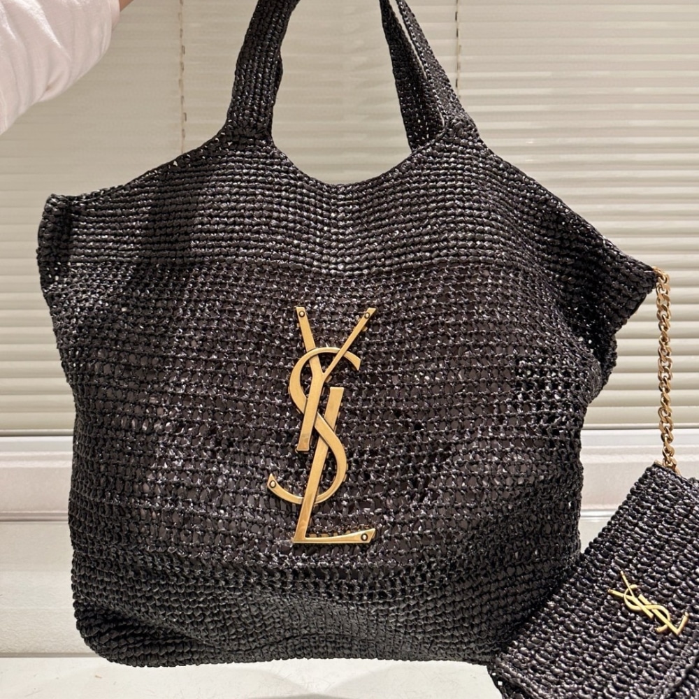 Saint Laurent Icare Maxi In Raffia Shopping Bag Black 45Cm 772191Gaafm1000 - Image 2