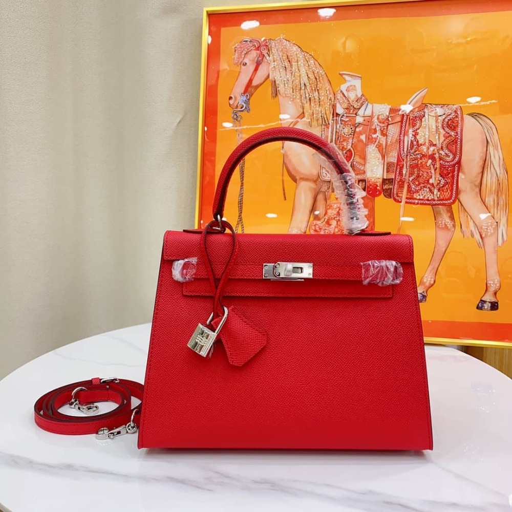 Hermes Kelly Sellier 25 Epsom Silver-tone Hardware Handbag Rouge Casaque 25Cm - Image 3