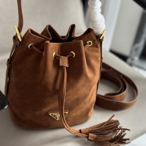 Alternative view of Prada Small Suede Bucket Bag Brown 23Cm