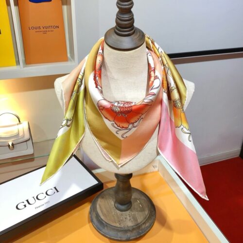 Alternative view of Gucci Floral Print Silk Square Scarf Pink And Yellow 90Cm