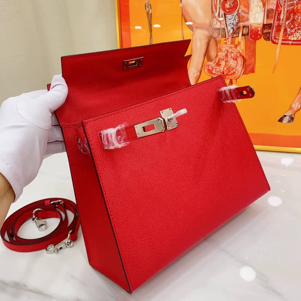 Hermes Kelly Sellier 25 Epsom Silver-tone Hardware Handbag Rouge Casaque 25Cm - Image 4