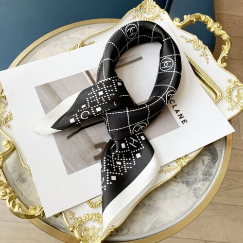 Alternative view of Chanel Square Scarf Silk Twill Quilted Grid CC Black White 90cm