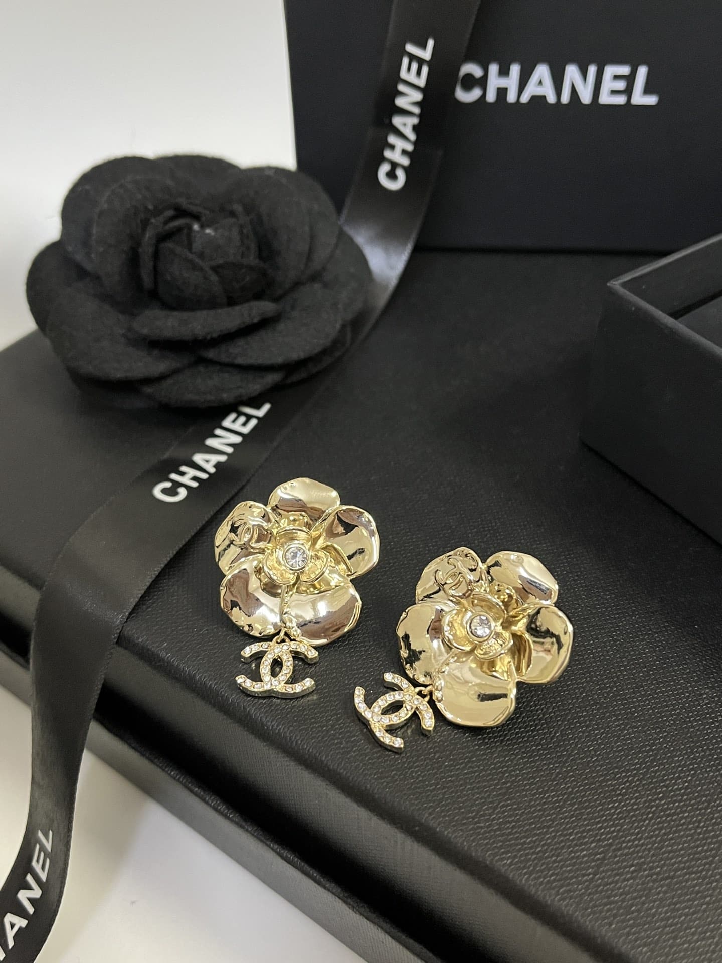 Chanel Camellia Dangle Earrings Crystals Metal Gold - Image 5