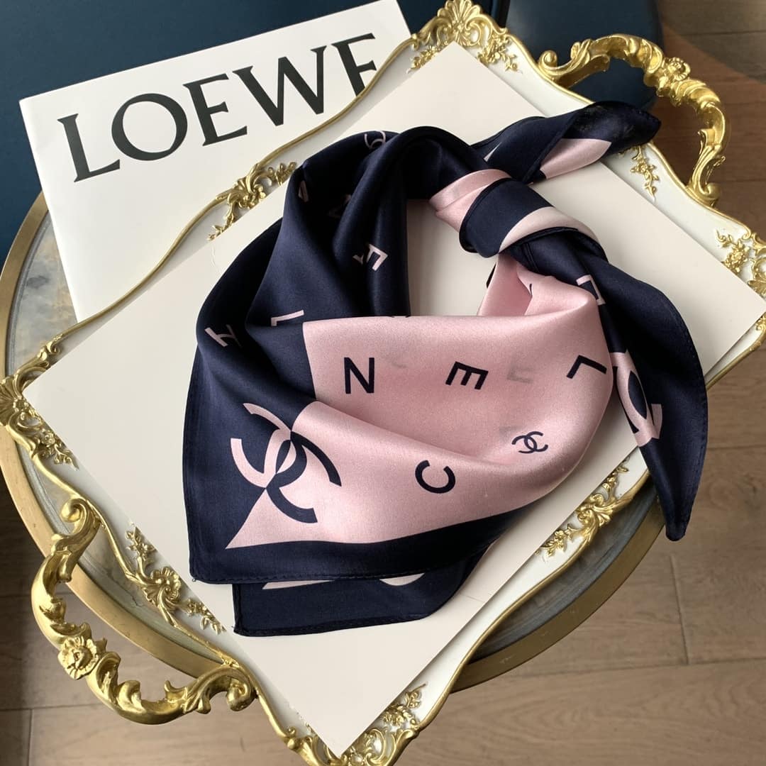 Chanel Multi Letters CC Square Scarf Silk Twill Navy Blue Pink 70cm - Image 4