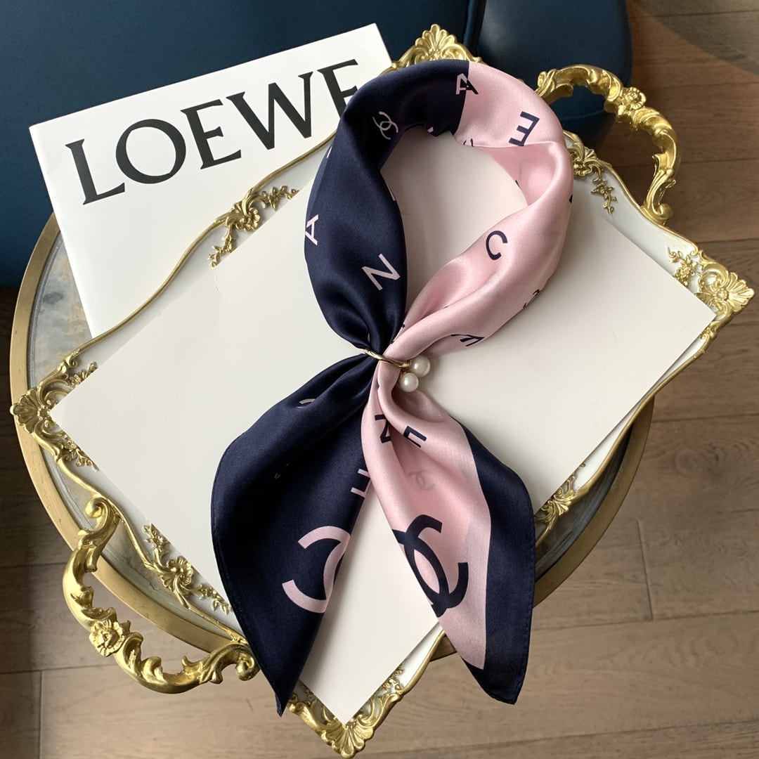 Chanel Multi Letters CC Square Scarf Silk Twill Navy Blue Pink 70cm - Image 3