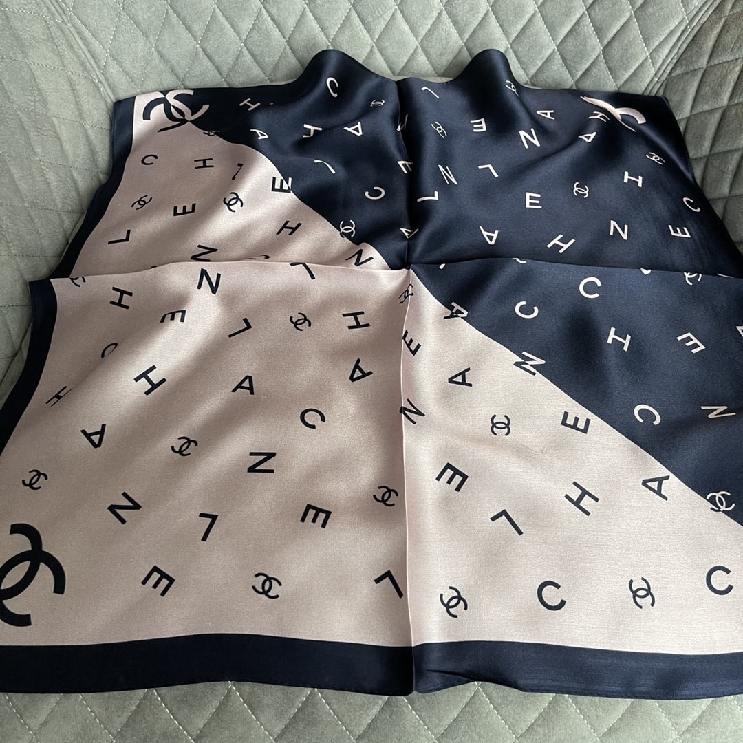 Chanel Multi Letters CC Square Scarf Silk Twill Navy Blue Pink 70cm - Image 6