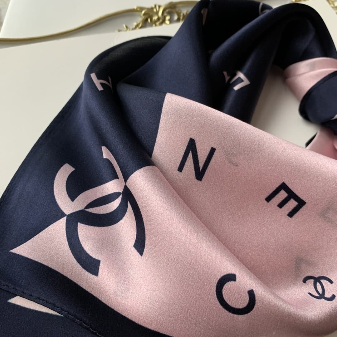Chanel Multi Letters CC Square Scarf Silk Twill Navy Blue Pink 70cm - Image 5
