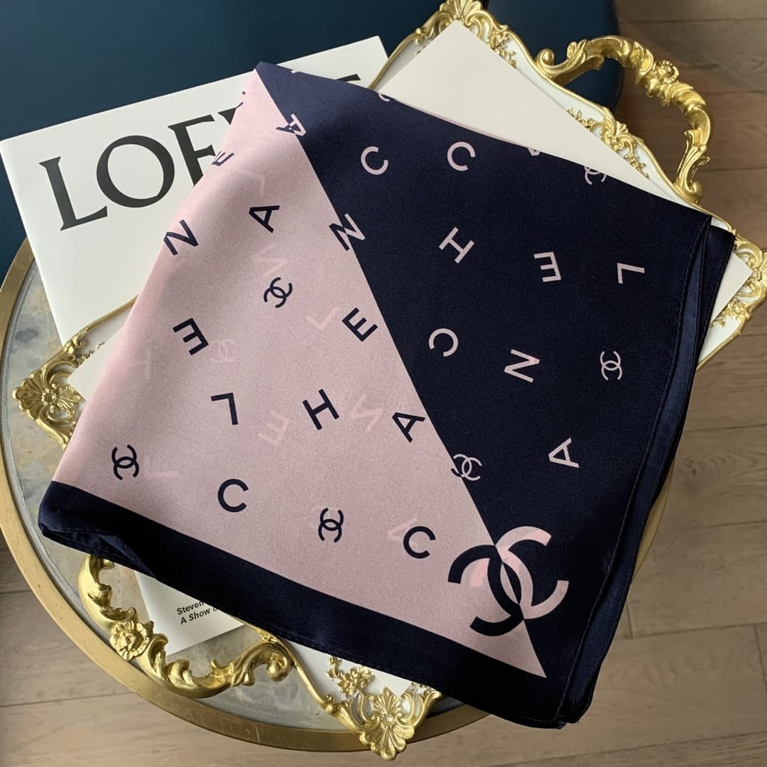 Chanel Multi Letters CC Square Scarf Silk Twill Navy Blue Pink 70cm - Image 2