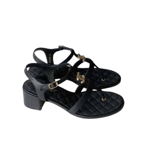 Chanel Thongs Block Heel Sandals Quilted Leather  Black