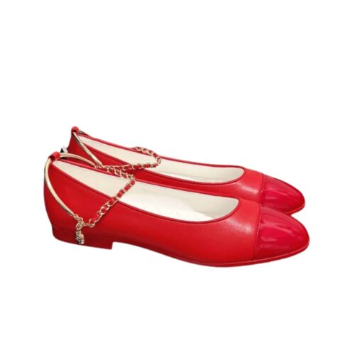 Chanel Ballerina Flat With Chain Smooth Leather And Patent Red