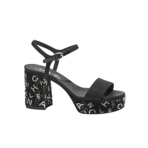 Chanel Platform Sandals Rhinestone Logo Black Silver G45365 B15306 NU665